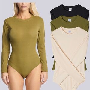 Long Sleeve Bodysuit Set in Olive, Black, and Cream